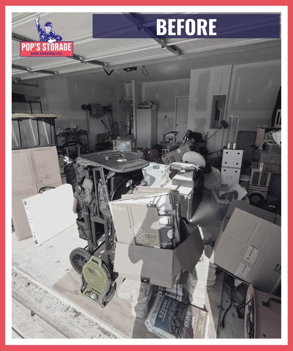 Garage before junk removal with heavy clutter and stored items in Gainesville GA